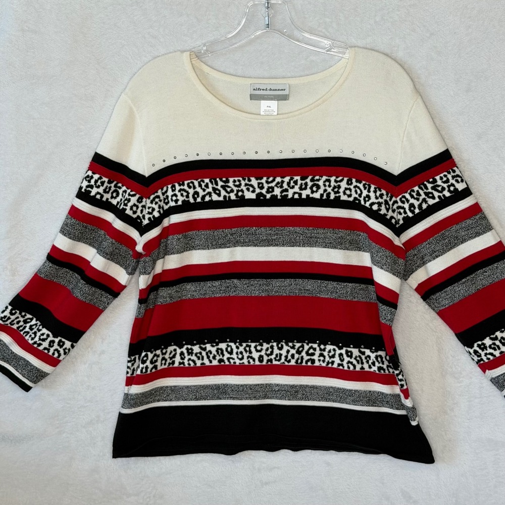 Alfred Dunner Women PXL Multicolor Striped Leopard Rhinestone Knit Sweater